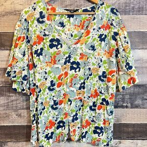 Lauren Ralph Lauren Women's Floral Peplum Top 1X V-Neck Puff Sleeve Linen Blend